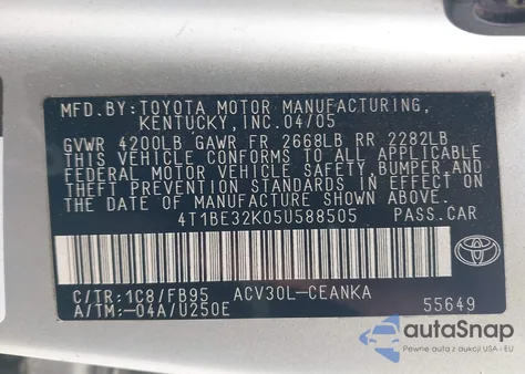 2005 Toyota Camry Le из США, поврежденный, VIN 4T1BE32K05U588505